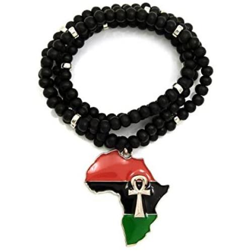 CBC Crown Pan African Colored Africa Map Continent Pendant Wooden Bead Necklace