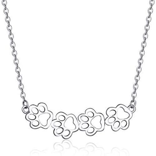 Cute Paw Necklace for Women Girls Sterling Silver 18K White Gold Plated Puppy Dog Cat Kitten 4 Paw Print Pendant Choker Necklace Adjustable Chain 18'' Pet Keepsake Minimalist Jewelry Gift Box