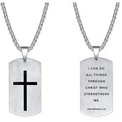 Rnivida Mens Bible Verse Cross Tag Pendant Necklace, Stainless Steel Inspirational Necklace for Men Boys