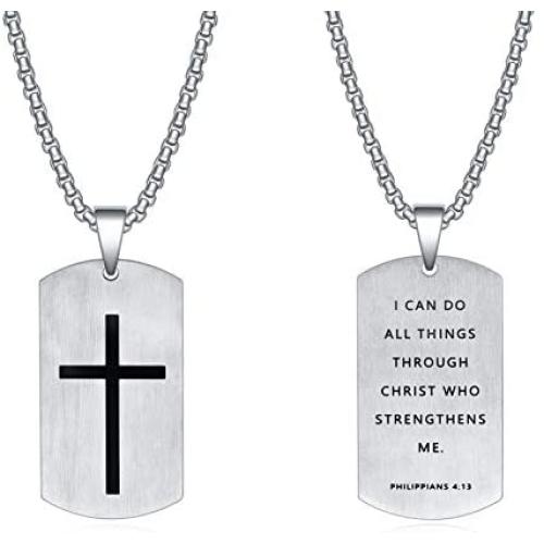 Rnivida Mens Bible Verse Cross Tag Pendant Necklace, Stainless Steel Inspirational Necklace for Men Boys