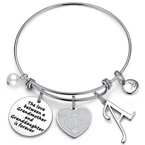 Anoup Grandma Gifts from Granddaughter, The Love Between Grandma and Granddaughter is Forever Initial Charm Bracelet Grandma Bracelet Jewelry Christmas Birthday Gifts for Grandmother