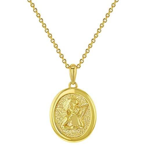 In Season Jewelry 18k Yellow Gold Plated Guardian Angel Religious Medal Pendant Necklace Kids 18''