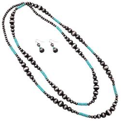 Rosemarie Collections Womens Extra Long Metallic and Turquoise Bead Statement Western Necklace and Earrings Set, 60''