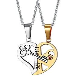 HUANIAN His&Hers Stainless Steel Key to Love Matching Half of Heart 520 Pendant Necklace for Couples