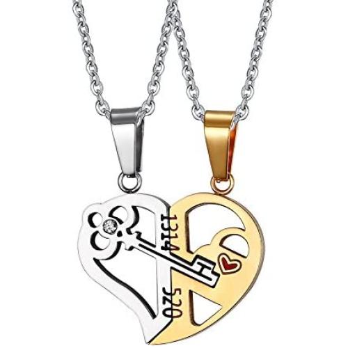 HUANIAN His&Hers Stainless Steel Key to Love Matching Half of Heart 520 Pendant Necklace for Couples