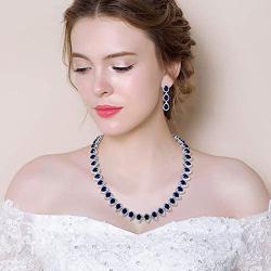 EleQueen Womens Silver-Tone Full Prong Cubic Zirconia Teardrop Bridal Necklace Earrings Set Sapphire Color
