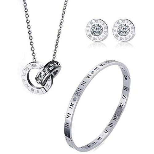 VNOX Stainless Steel Roman Numeral Bangle Bracelet Necklace Stud Earrings Women Grils Jewelry Set