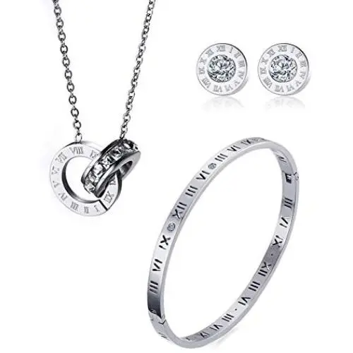 VNOX Stainless Steel Roman Numeral Bangle Bracelet Necklace Stud Earrings Women Grils Jewelry Set
