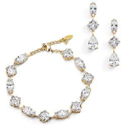 Mariell Gold Zirconia Crystal Wedding Bracelet and Earrings Set for Women, Jewelry for Bride, Bridesmaid