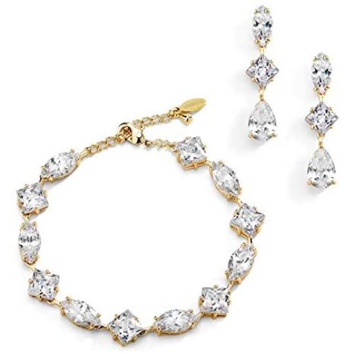 Mariell Gold Zirconia Crystal Wedding Bracelet and Earrings Set for Women, Jewelry for Bride, Bridesmaid