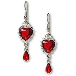 Valentines Day Red Heart Romance Dangle Earrings Austrian Crystals Thorns and Roses Silver Finish