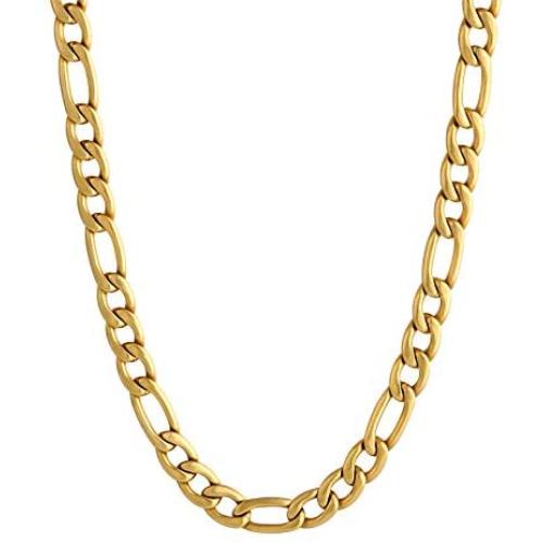 KRKC&CO 7mm Figaro Chain Necklace for Men, 18K Gold Plated Stainless Steel Anti-Tarnish Anti-Allergies Hip Hop Rapper Chain Necklace for Men, 18 20 24 inches