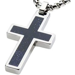 GESTALT COUTURE Unique Tungsten Cross Pendant .4mm Wide Surgical Stainless Steel Box Chain. Goldstone Inlay.