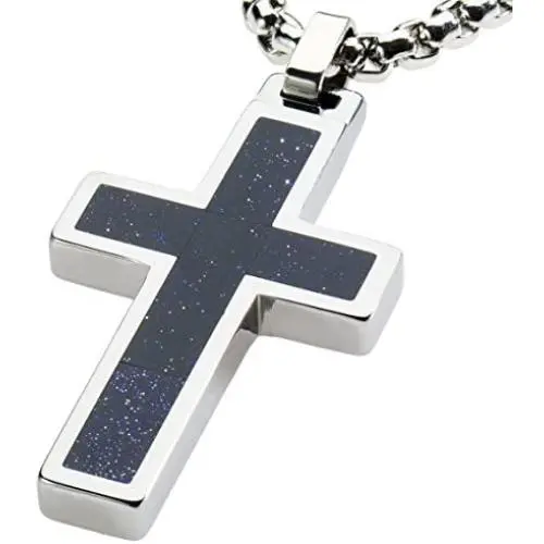 GESTALT COUTURE Unique Tungsten Cross Pendant .4mm Wide Surgical Stainless Steel Box Chain. Goldstone Inlay. GESTALT COUTURE Unique Tungsten Cross Pendant .4mm Wide Surgical Stainless Steel Box Chain. Goldstone Inlay.