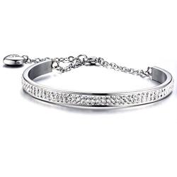 HUANIAN Stainless Steel 6mm Width 2 Row of Crystal Bangle Cuff Bracelet with Heart Extend Chain for Women