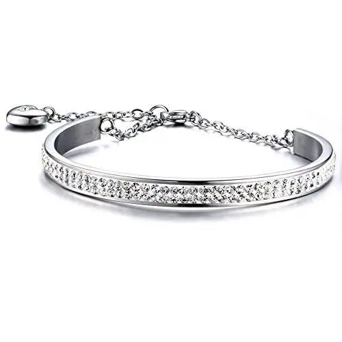 HUANIAN Stainless Steel 6mm Width 2 Row of Crystal Bangle Cuff Bracelet with Heart Extend Chain for Women HUANIAN Stainless Steel 6mm Width 2 Row of Crystal Bangle Cuff Bracelet with Heart Extend Chain for Women