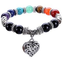 VIKI98 10MM 7 Chakra Religion Healing Balance Stone Beaded Bracelet Yoga Reiki Charm Heart Bracelets For Women