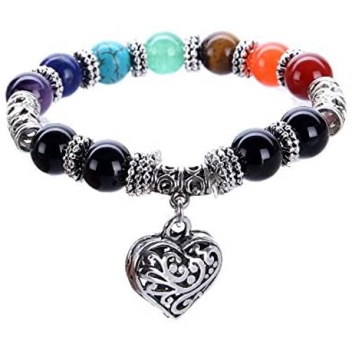 VIKI98 10MM 7 Chakra Religion Healing Balance Stone Beaded Bracelet Yoga Reiki Charm Heart Bracelets For Women