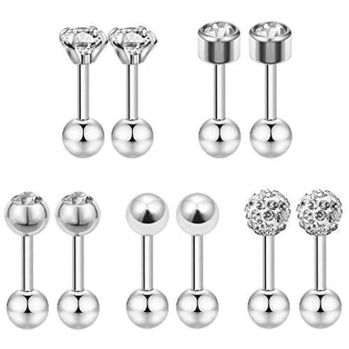 ZS 5 Pairs Ball Stud Earrings Stainless Steel 18G Barbell Gartilage Earrings Helix Earrings 4mm CZ Ear Piercing Set