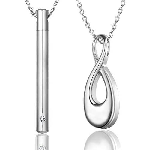 BGAFLOVE Set of 2 Cremation Jewelry CZ Crystals Stainless Steel Tone Bar Urn Pendant Memorial Ashes Keepsake Exquisite Necklace for Women Men, Urn Necklaces for Ashes with Filling Kit