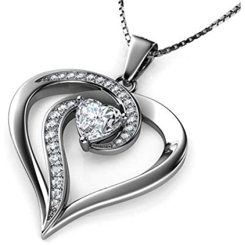 DEPHINI - Elegant Necklace - 925 Sterling Silver - Heart Pendant with CZ Crystals - Fine Jewellery Woman Necklace - 18'' Rhodium Plated Silver Chain - A Cubic Zirconia - Gifts for Women