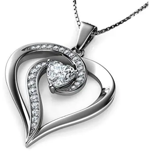 DEPHINI - Elegant Necklace - 925 Sterling Silver - Heart Pendant with CZ Crystals - Fine Jewellery Woman Necklace - 18'' Rhodium Plated Silver Chain - A Cubic Zirconia - Gifts for Women