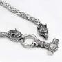 Viking Stainless Steel Odins Wolf Head Geri and Freki Handmade Heavy Duty Chain with Thor Hammer Mjolnir Pendant Necklace
