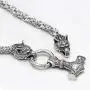 Viking Stainless Steel Odins Wolf Head Geri and Freki Handmade Heavy Duty Chain with Thor Hammer Mjolnir Pendant Necklace