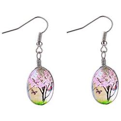 Tree of Life Dried Pressed Real Flowers Teardrop Hook Glass Drop Earrings（Pink）