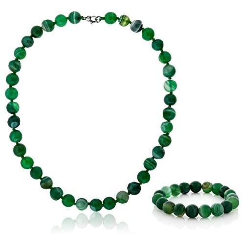 Gem Stone King 18 Inch 10mm Green Agate Necklace Bracelet Gift Set