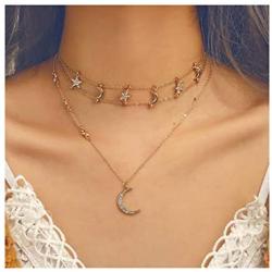 Chargances Bohemia Gold Moon and Stars Necklace for Women Fashion Gold Choker Necklace Delicate Moon Stars Jewelry for Women and Girls