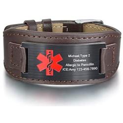 MPRAINBOW Personalized Custom Leather Medical Alert ID Bracelet for Men,Stainless Steel Emergency ICE Custom Plate with Adjustable Wide Genuine Leather Wristband,6.7-8.7 Inch