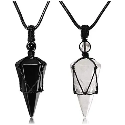 Top Plaza 6 Facet Reiki Healing Crystal Stone Pointed Pendant Necklaces Adjustable Natural Gemstone Necklace Reiki Quartz Jewelry for Women Men
