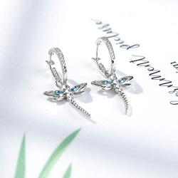 AOBOCO Dragonfly Earrings Sterling Silver Hoop Earrings with Simulated Light Sapphire Crystals from Austria, Adorable Insects in The Garden Series, Hypoallergenic Dragonfly Jewelry Gifts for Women