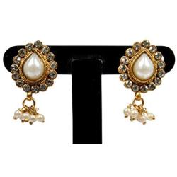 DecorTales Ethnic Fashion Gold Plated Bollywood Traditional Indian Pearl CZ Kundan Stone Jhumka Jhumki Dangle Earrings Wedding Jewelry