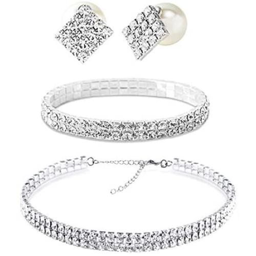 Yamberdoly Rhinestone Choker Necklaces for Women Silver Diamond Crystal Choker Necklace Adjustable Sexy Rhinestone Party Wedding Jewelry Set