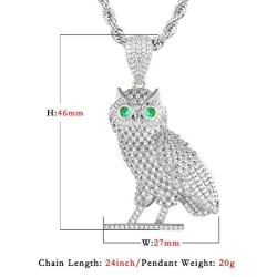 PY BLING Full Iced Out Owl Pendant 18K Gold/White Gold Plated Hip Hop Fashion Simulated Diamond CZ Pendant with Stainless Steel Rope Chain Necklace for Men Women