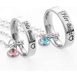 MJartoria Matching Necklaces for Couples, His and Hers Engraved Rhinestone Ring Pendant Set Gifts for Boyfriend Girlfriend