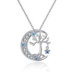 TANGPOET Tree of Life Necklace S925 Sterling Silver Crescent Moon Necklaces Opal Cubic Circonia Pendant Jewelry Gift for Women Mother Daughter