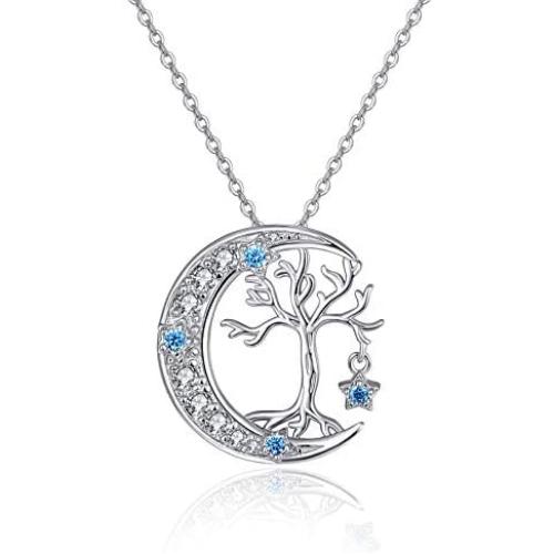 TANGPOET Tree of Life Necklace S925 Sterling Silver Crescent Moon Necklaces Opal Cubic Circonia Pendant Jewelry Gift for Women Mother Daughter