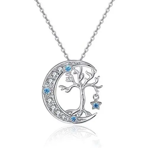 TANGPOET Tree of Life Necklace S925 Sterling Silver Crescent Moon Necklaces Opal Cubic Circonia Pendant Jewelry Gift for Women Mother Daughter