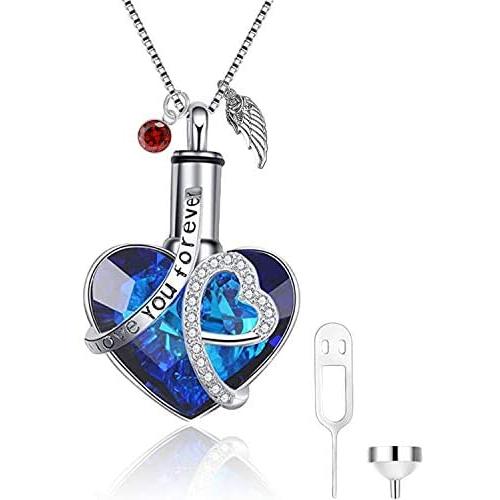 AOBOCO Personalized Cremation Jewelry 925 Sterling Silver Heart Urn Necklace for Ashes, Customized Color Photo Locket Keepsake Urns for Human Dog Ashes Necklace with Austria Crystals Birthstone, Women Memorial Jewelry Bereavement Gifts