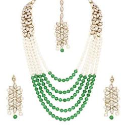 CROWN JEWEL Bollywood Indian Fashion Wedding Pearl Gold Plated Bridal Jewelry Necklace Earring Set for Women