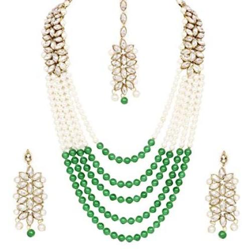 CROWN JEWEL Bollywood Indian Fashion Wedding Pearl Gold Plated Bridal Jewelry Necklace Earring Set for Women