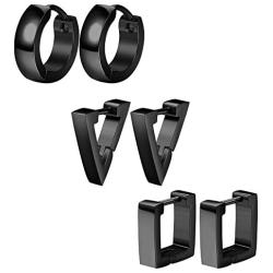ORAZIO 3 Pairs Stainless Steel Triangle Square Round Hoop Earrings for Men Women Geometric Huggie Earrings Silver Tone Gold Tone Black