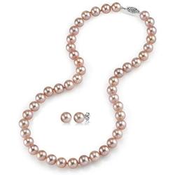 THE PEARL SOURCE 14K Gold 7-8mm Round Pink Freshwater Cultured Pearl Necklace & Earrings Set in 18'' Princess Length for Women