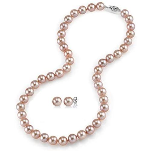 THE PEARL SOURCE 14K Gold 7-8mm Round Pink Freshwater Cultured Pearl Necklace & Earrings Set in 18'' Princess Length for Women