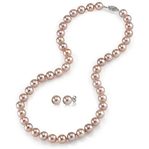 THE PEARL SOURCE 14K Gold 7-8mm Round Pink Freshwater Cultured Pearl Necklace & Earrings Set in 18'' Princess Length for Women THE PEARL SOURCE 14K Gold 7-8mm Round Pink Freshwater Cultured Pearl Necklace & Earrings Set in 18'' Princess Length for Women