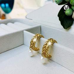 Vogale Pearl Earrings for Women, 925 Silver 18k Gold Plated Braided Dangle Pearl Stud Earrings, Noble Handmade Exquisite Open Hoop Earrings, Gold Small Hoop Hypoallergenic Rounded Earrings