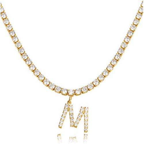 KissYan Initial Tennis Necklace Simulated Diamond Letter Pendant for Women, 18K Gold Plated Cubic Zirconia Tennis Chain Choker Gift for Girls A-Z 26 Alphabets